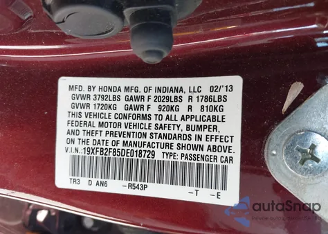 2013 Honda Civic Ex z USA, uszkodzony, nr VIN 19XFB2F85DE018729